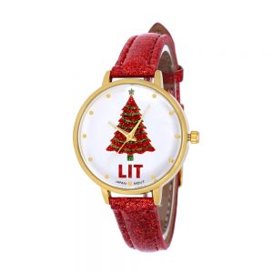 Blekon Collections Japanese Quartz Women's 32mm Case Glitter Christmas Tree Dial Sparkling Leather Strap Watch
