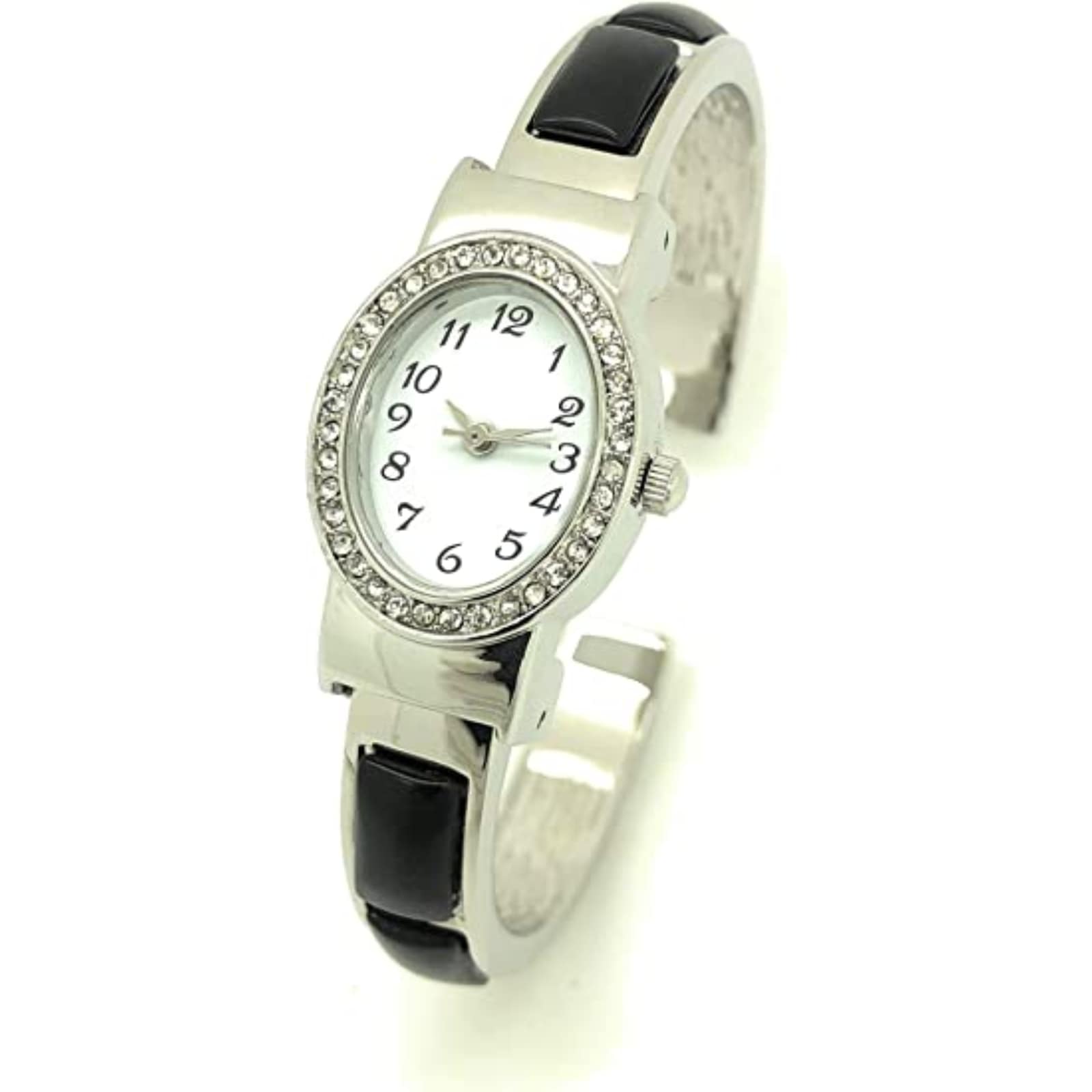 Ladies Oval Metal Bangle Cuff Fashion Watch with Stones White Dial Rhinestones